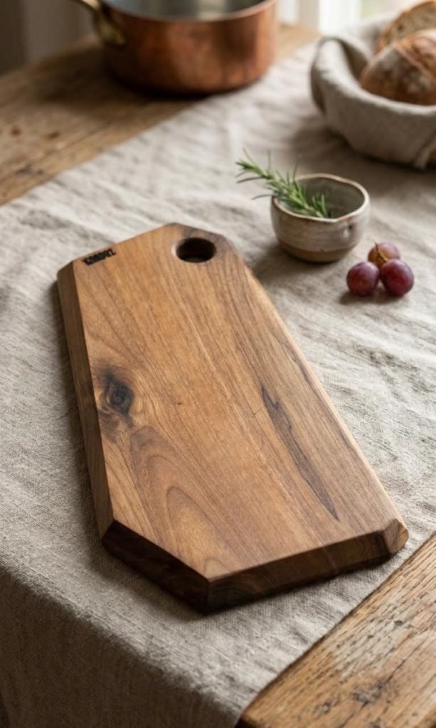 Une planche à servir en bois posée sur une nappe de lin